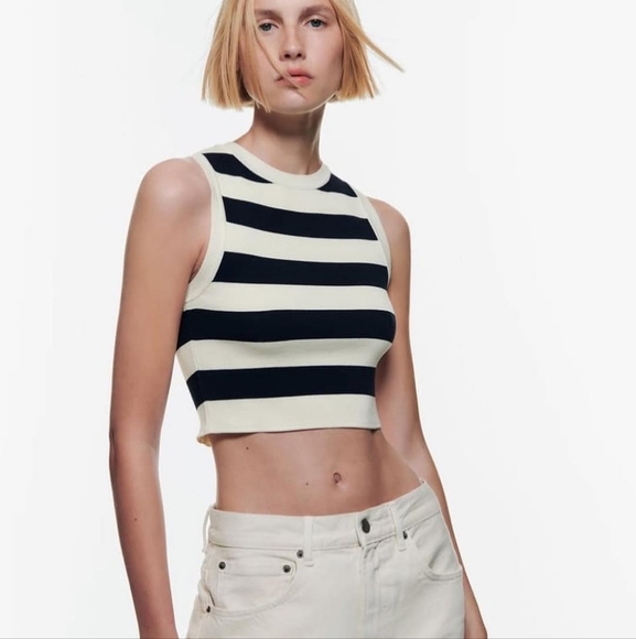 Zara Tops - ZARA Knit Striped Crop Sleeveless Top In Navy/white. Size L